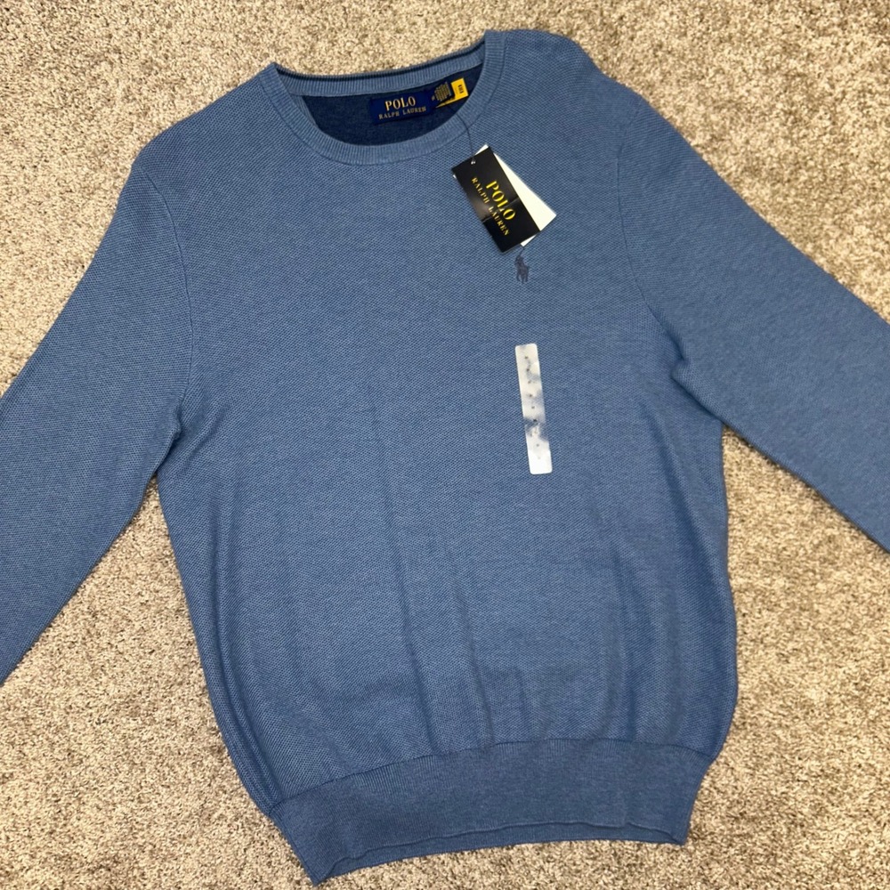 NWT Polo Ralph Lauren Textured Cotton Long Sleeve Pullover Men Medium‎ Blue Htr